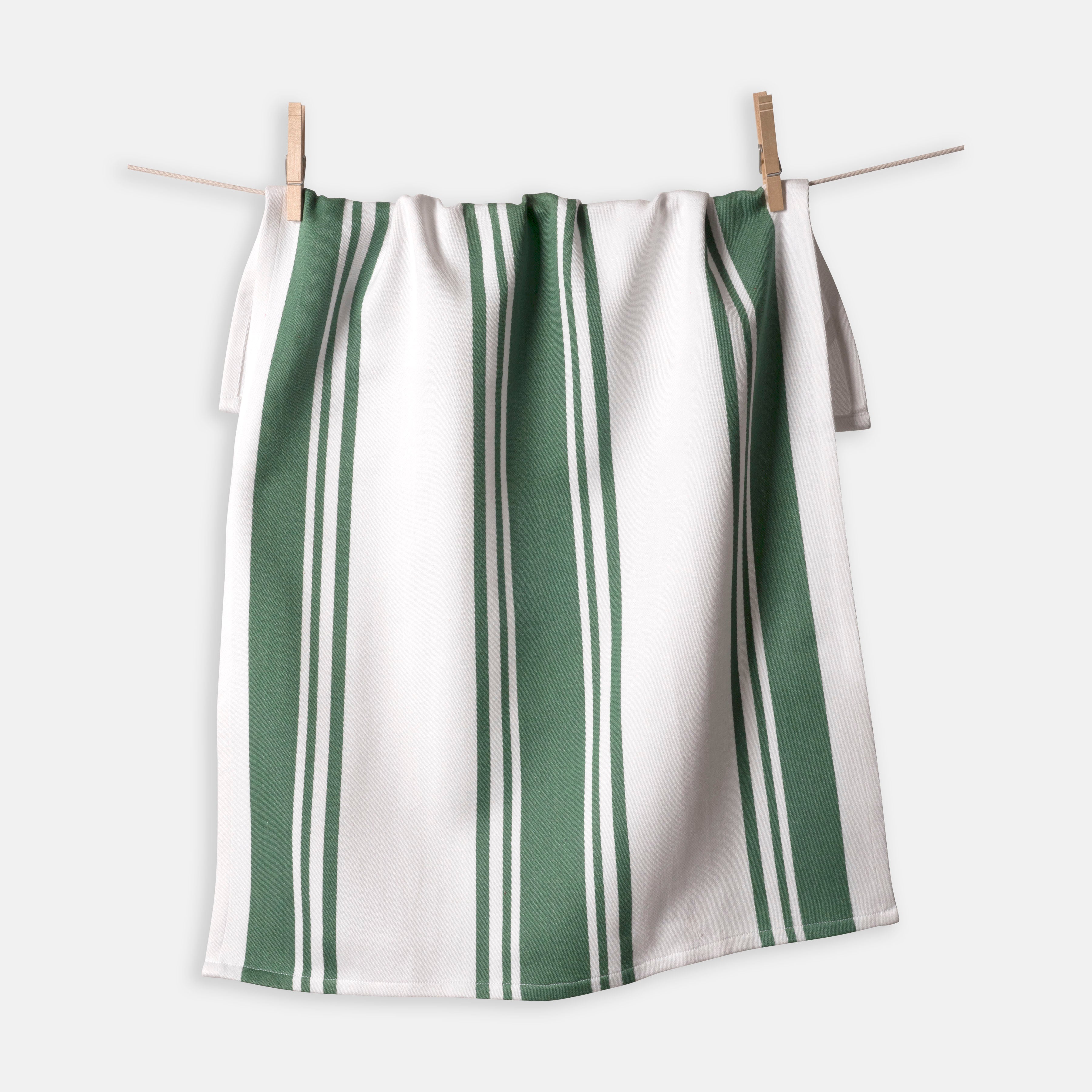 Linen Casa Kitchen Towel - Green Stripes on White